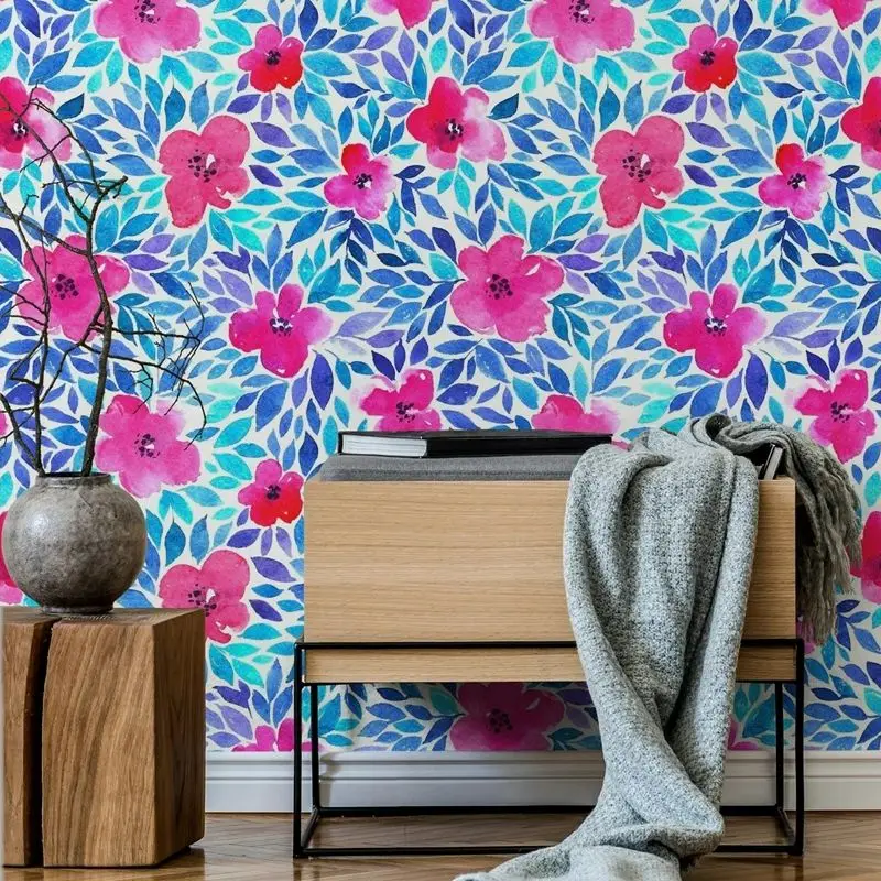 Wallpaper In Bloom , Watercolour Painted Flowers And Leaves  Wall Stickers,Enthralled All Day Adhesive Wall Wallpaper,50*300CM