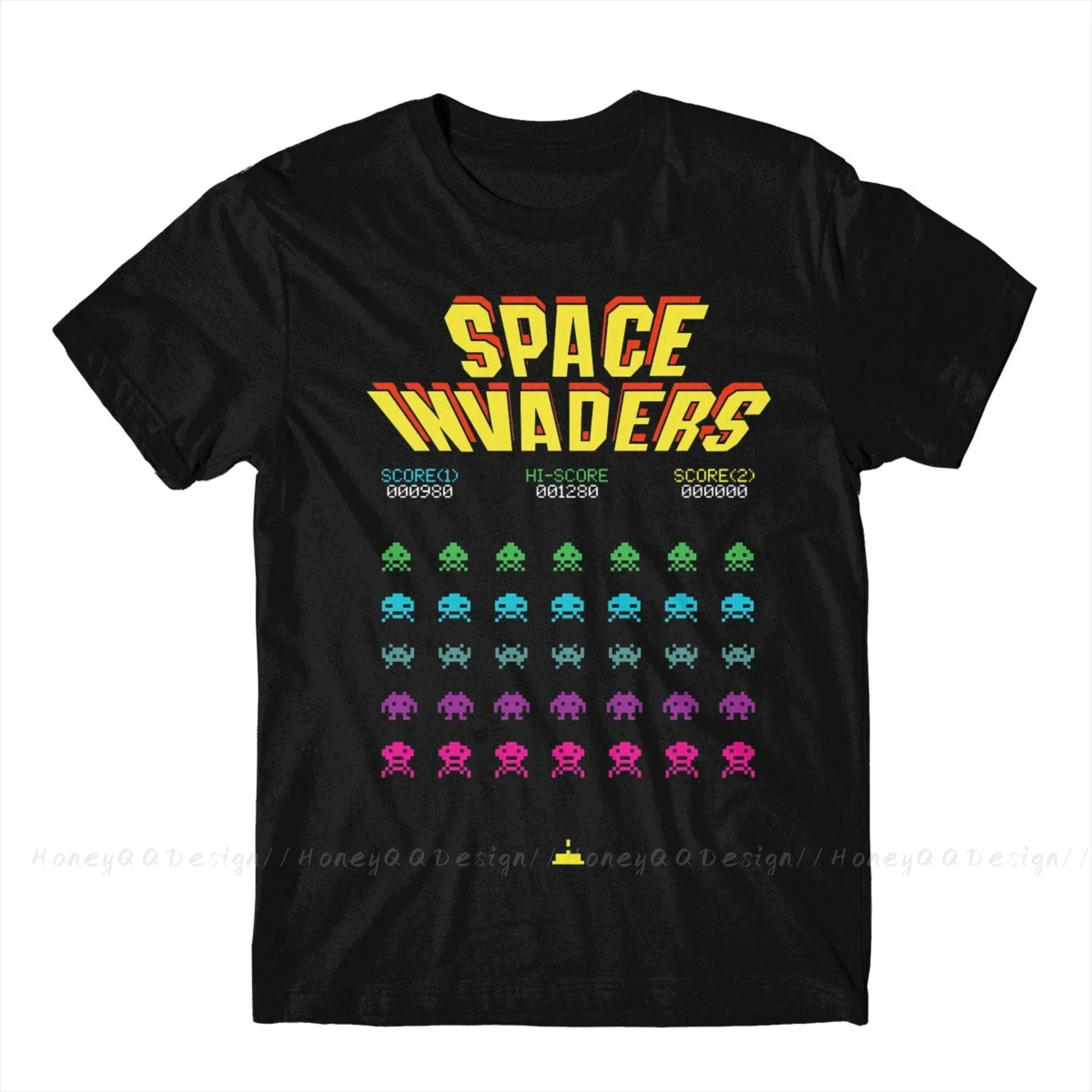 70s 80s Arcade Game Space Invaders T-Shirt Men 100% Cotton Short Summer Sleeve Casual Plus Size Shirt Adults