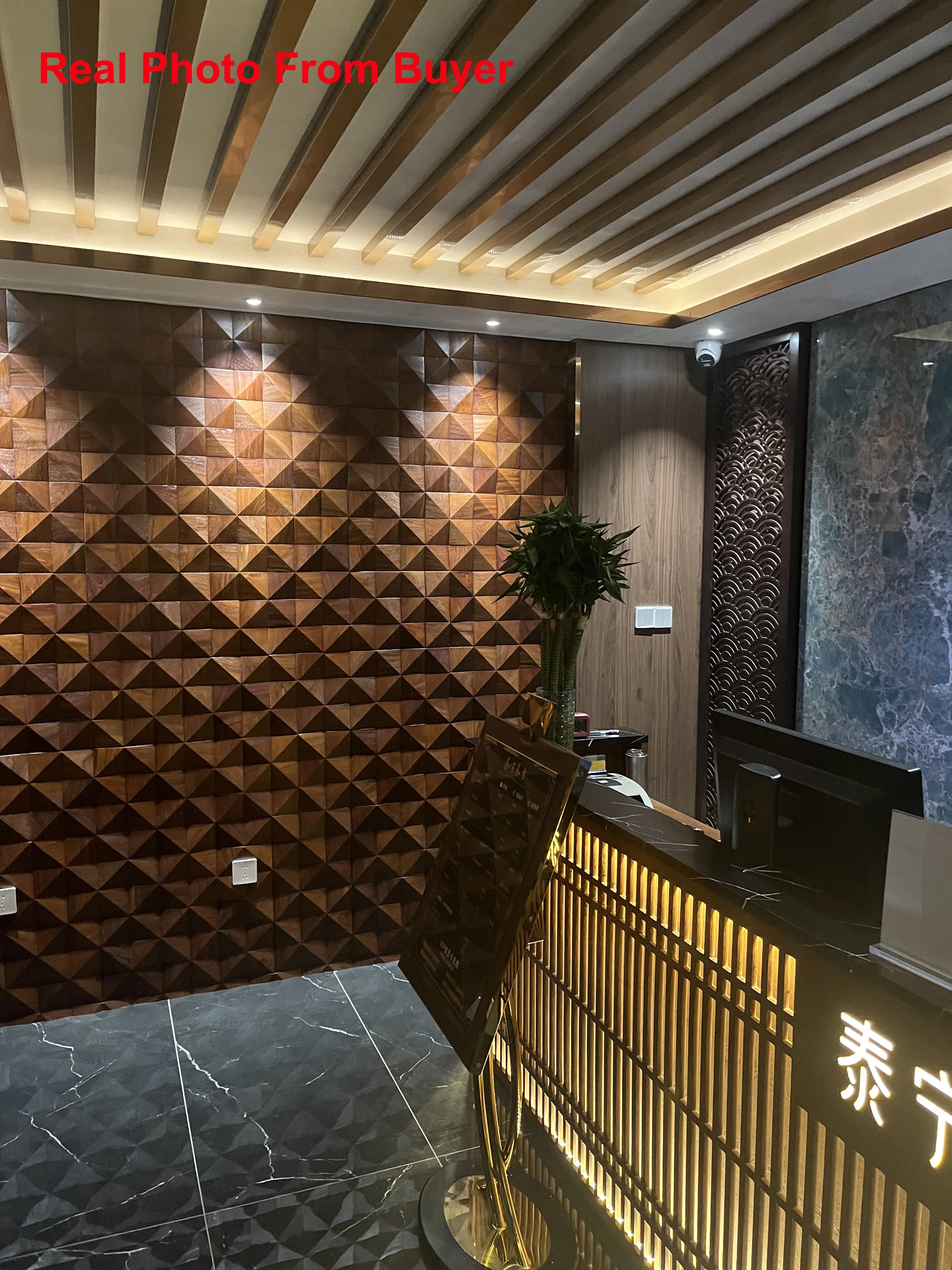 18Pcs Natural Wooden Mosaic Tile Acoustic Wall Panels 30x30cm Triangle Design for Exhibition Hall Background Art Decor