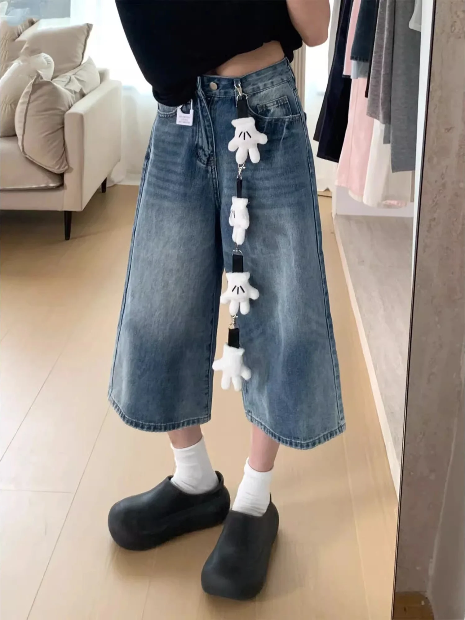 

Retro High Waist Wide Leg Jeans Women's Summer New Loose Slimming Small Size Straight Seven-Foot Pants Cotton Stretch Denim