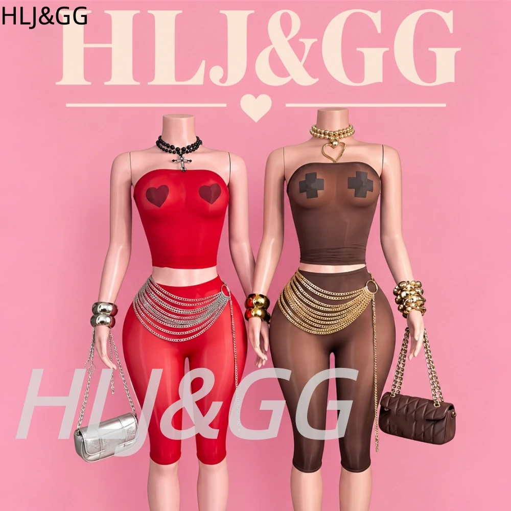 HLJ&GG Fashion Mesh See Though Shorts Two Piece Sets Women Off Shoulder Sleeveless Crop Top And Shorts Outfits Sexy Streetwear