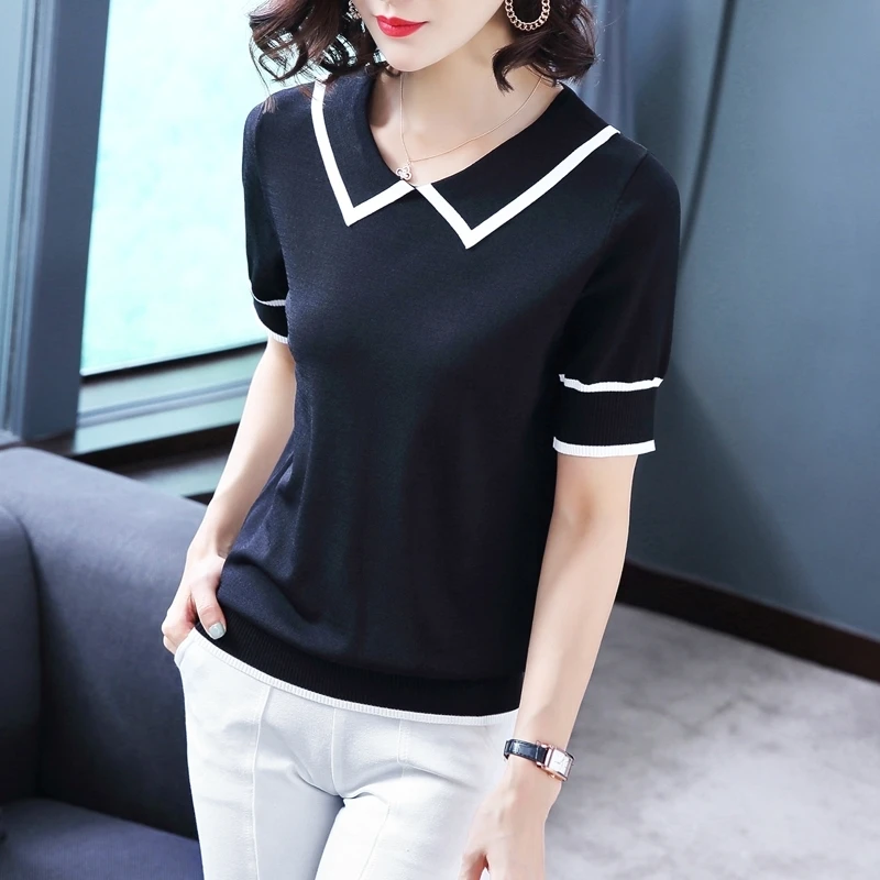 

Summer Women's Clothing New Fashion Solid Color Striped Harajuku Peter Pan Collar Short Sleeve Slim Thin Daily Casual T-shirts