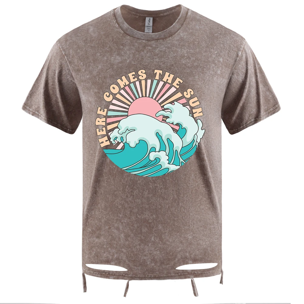 

Футболки с вымытыми отверстиями и принтами «Он приходит солнце», винтажная модная хлопковая футболка с короткими рукавами и круглым вырезом, повседневная футболка унисекс большого размера