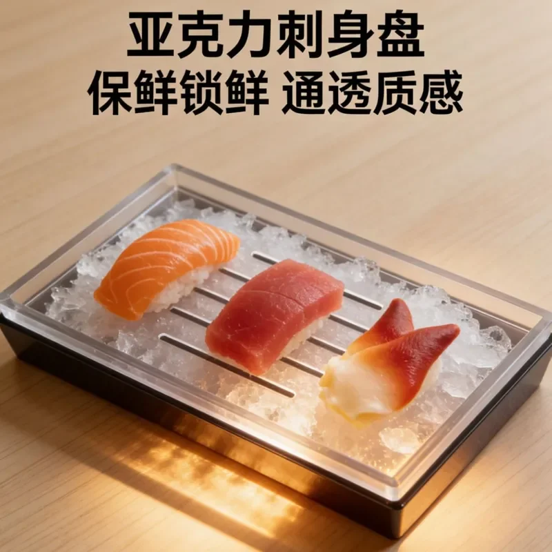 Custom Acrylic Sashimi Plate for Salmon with Dry Ice Effect Japanese Style Seafood Serving Dish for Hotel Restaurant