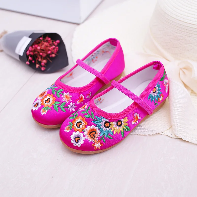 Chinese Style Girls Embroidered Shoes for 1-12Yrs Kids Flower Floral HanFu Shoes Children Soft Rubber Traditional Cloth Shoes