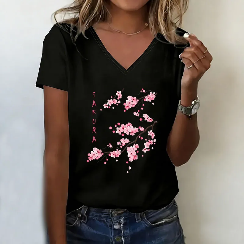 T-shirt V Neck Casual Fashion Y2k Cherry Blossom Flower Printed T Shirts Women Short Sleeve Tee Shirt V-Neck Summer Spring