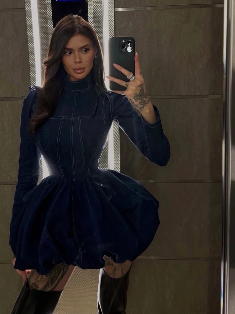 

Fashion Slim Blue Denim Women's Dress 2026 Elegant Stand Collar Long Sleeve Mini Dresses Vintage High Waist Female Dress