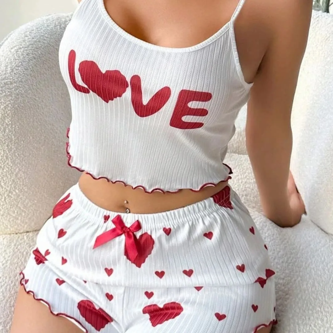 Women Summer Sexy Pajamas Sleepwear Letter Print Sleeveless Crop Tops with Heart Shorts Homewear Female Clothing Set Loungewear