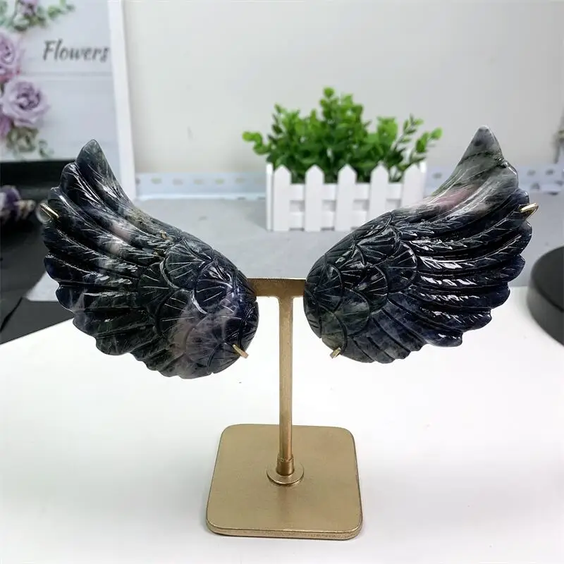 Natural Blue Sodalite Angel Carving Wings Crystal Crafts Healing Energy Stone Home Decoration