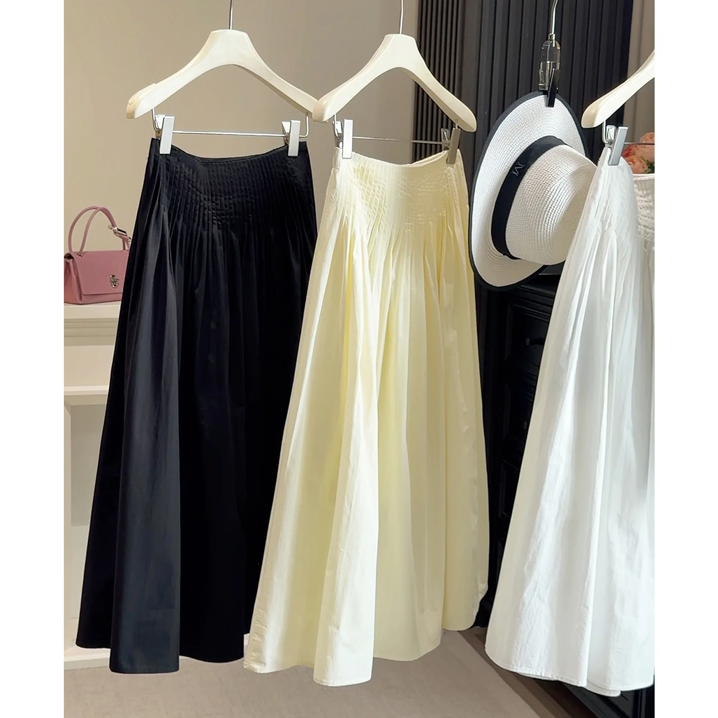 Summer Women's High Waist Maxi Skirt, Smocked Waist A-Line Flowy Long Skirt, Casual Solid Color Cotton Skirt for Daily Wear