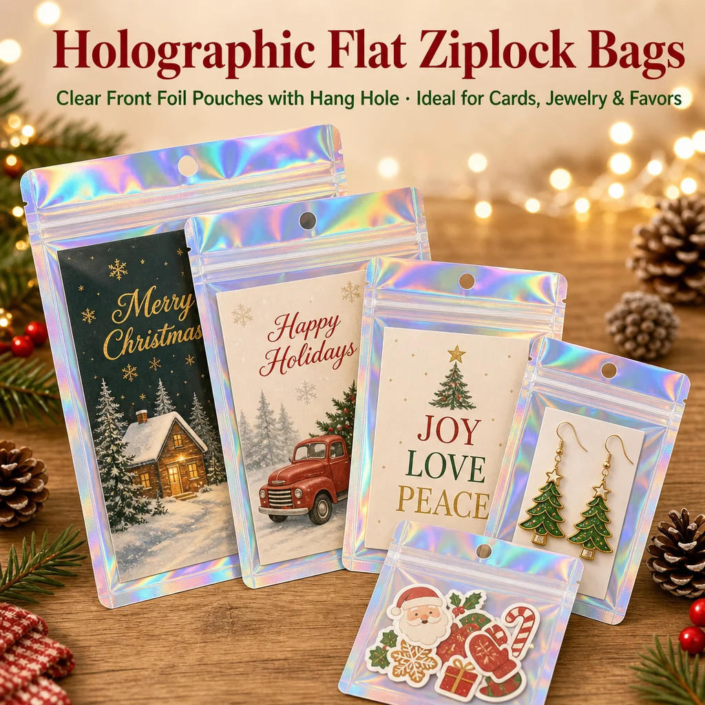100PCS Holographic Ziplock Bags Clear Front Foil Pouches Resealable Proof Christmas Candy Cookie Jewelry Holiday Gift Packaging