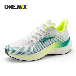 ONEMIX 2024 Marathon Men Running Shoes Green Breathable Mesh Carbon Fibre Plate Women Sneakers Lace Up Mesh Athletic Sport Shoes