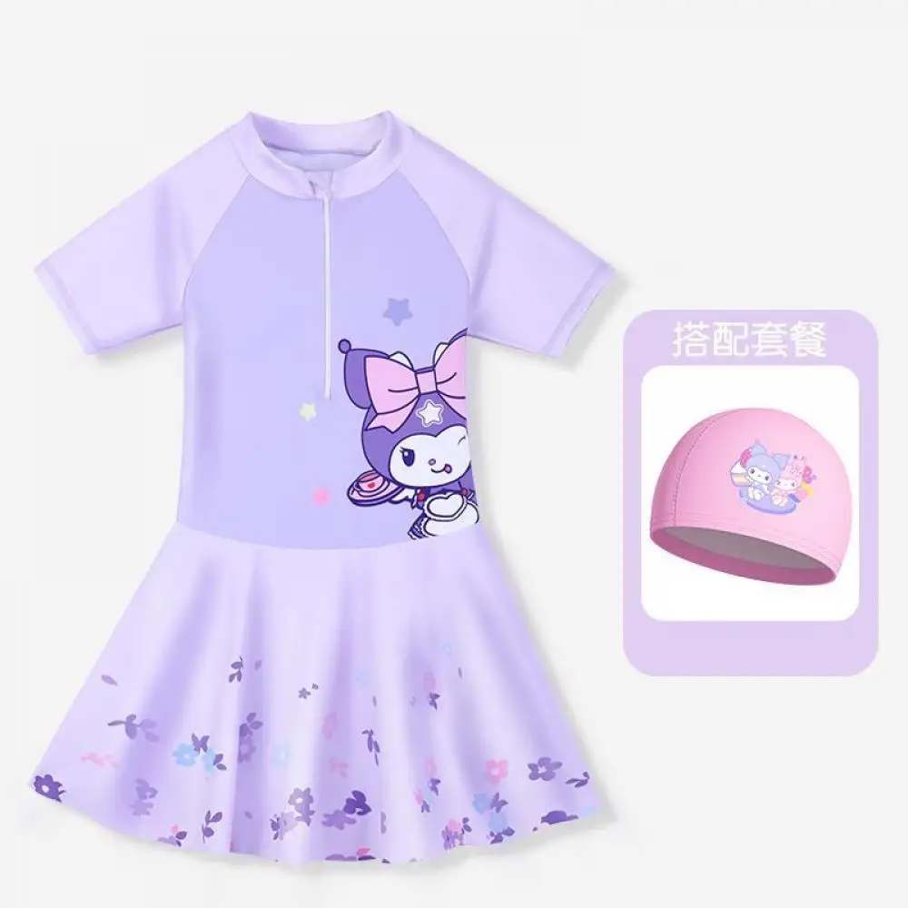 

Anime Sanrios Kuromi Children's Swimsuit for Summer Girls Conjoined Body Sunscreen Cute Thermal Spring Holiday Beachwear New