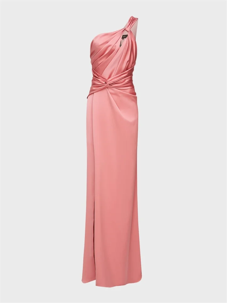 

Hot Selling One-Shoulder Neckline Sleeveless Satin Prom Dress Sexy Invisible Back Zipper Floor Length Side Slit Gown For Women