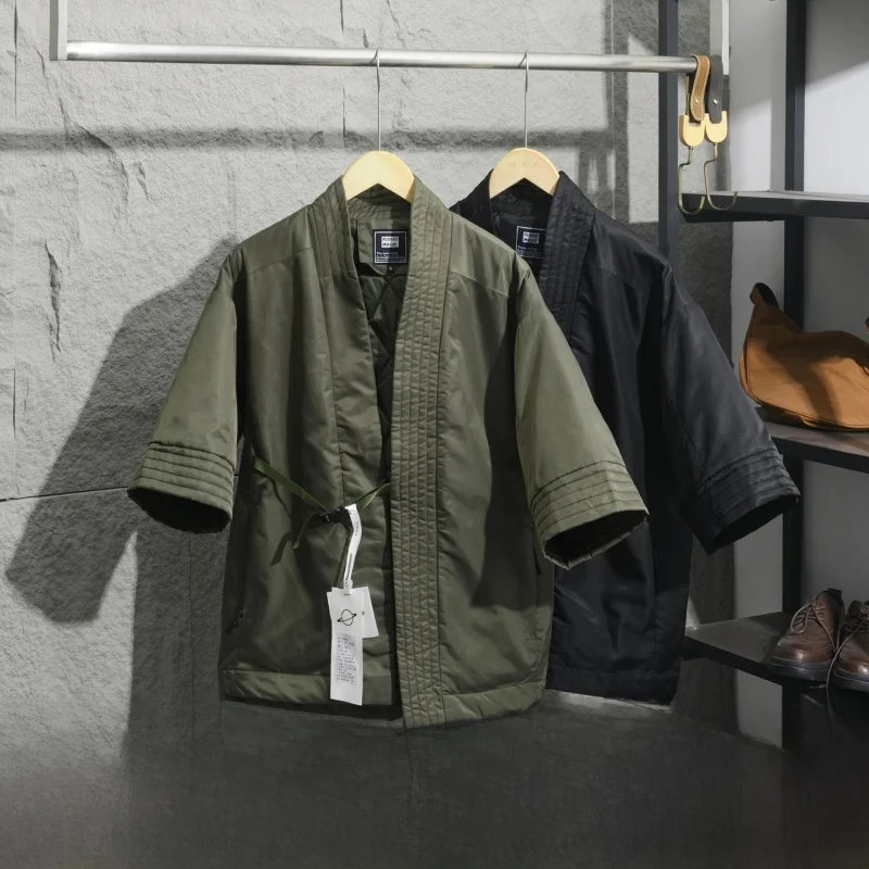 

Retro Japanese Sle Cotton Cardigan Men's ort Sve Outerwear Warmth Youth Faion Stand Fit Cleanfit No Collar