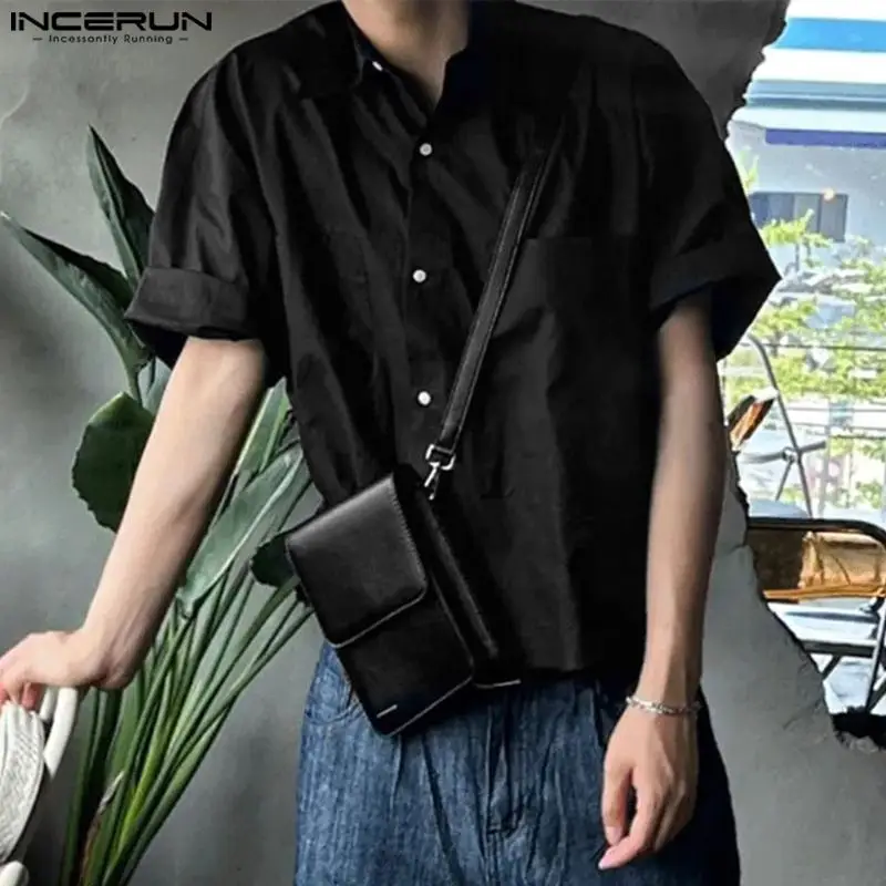 INCERUN Tops 2024 Korean Style Men\'s Fashion Simple Cropped Blouse Casual Streetwear Male Solid Short Sleeved Lapel Shirts S-5XL