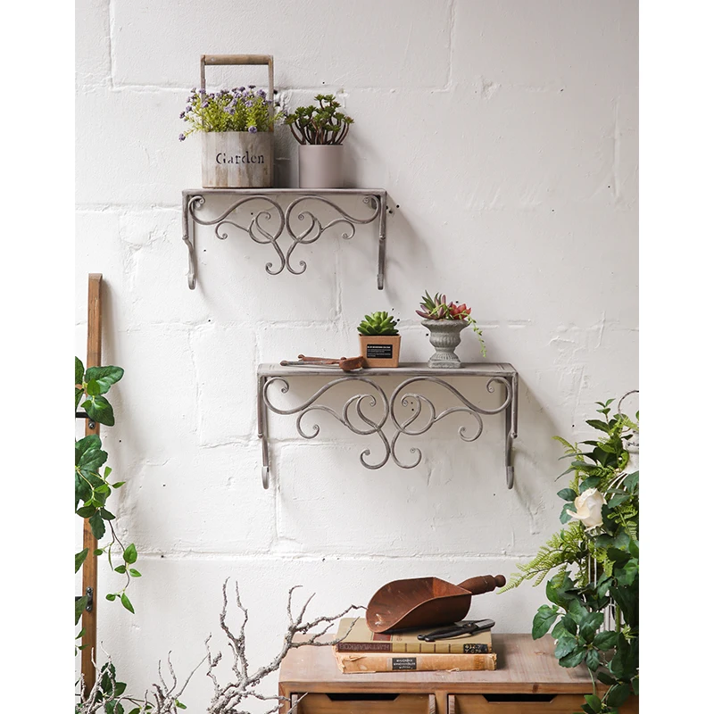 French Country Iron Wall Shelf, Antique Pewter Scrollwork Wall Display Shelf, European Conservatory Garden Decor
