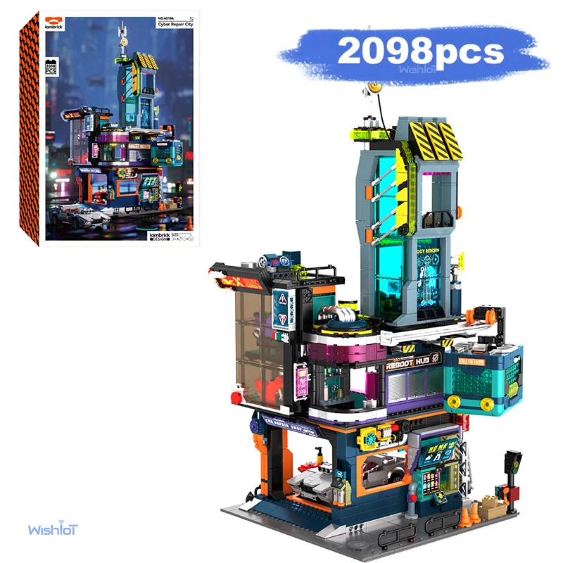 

Панк-город, ночная сцена, 2098 шт., набор строительных блоков, технология, здание будущего, вид на улицу, сборная модель, кирпичи, креативная игрушка в подарок