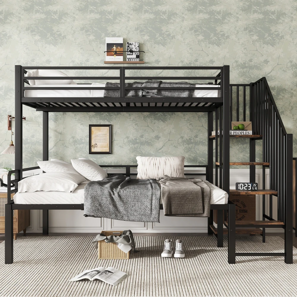 PINGGO Eisen-Etagenbett für Kinder und Jugendliche mit Stauraum-Eckschrank, Eisen & MDF, Schwarz Vintage-Holz, 90x200cm 120x200cm, ohne Matratze – Detail 5