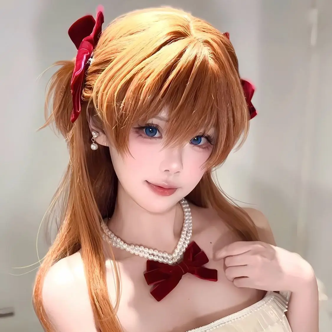 EVA Asuka Langley Perücke – Double Tail Anime Cosplay Haar, synthetische Kopfhaut, Prinzessinnen-Stil, Evangelion Fan-Kostüm