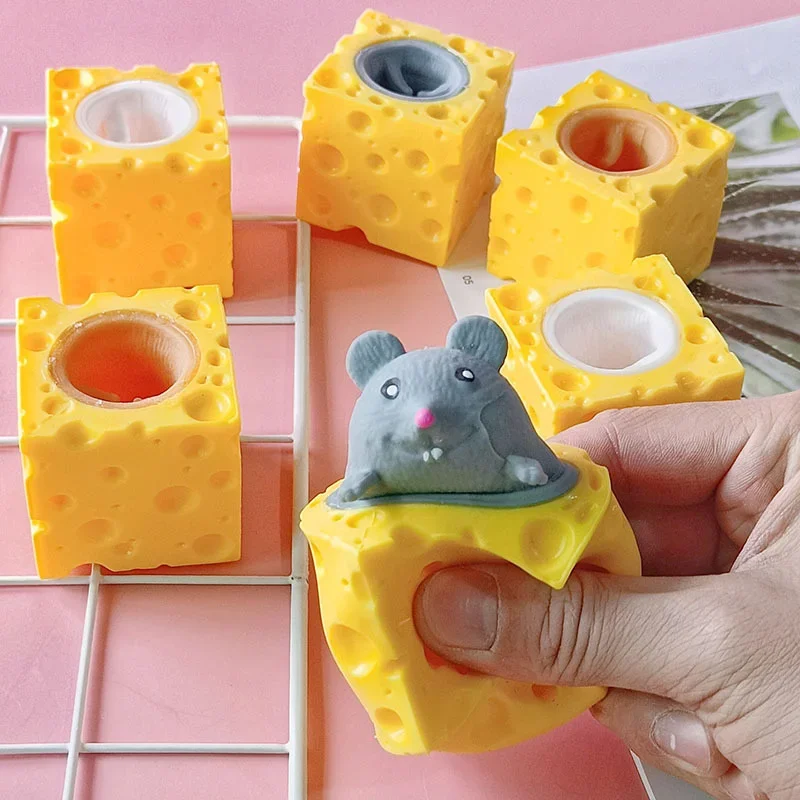 Pop up Funny Mouse and Cheese Block Squeeze Anti-stress Toy Hide and Seek Figures Stress Relief Fidget Toys for Kids Adult