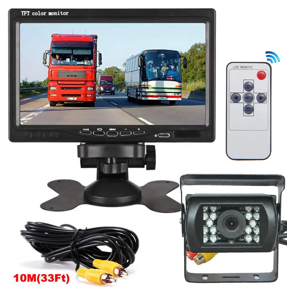 Reverse Camera Parking Assistant - Truck Rear View Backup Kit - With 7 Inch Monitor Display For Car Bus Trailer Pickup Vehicle