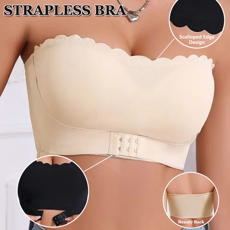 Women's Padded Non-slip Underwear Seamless Strapless Front Button Bra Wave Edge Push Up Tube Top Off-the-shoulder Dress Lingerie