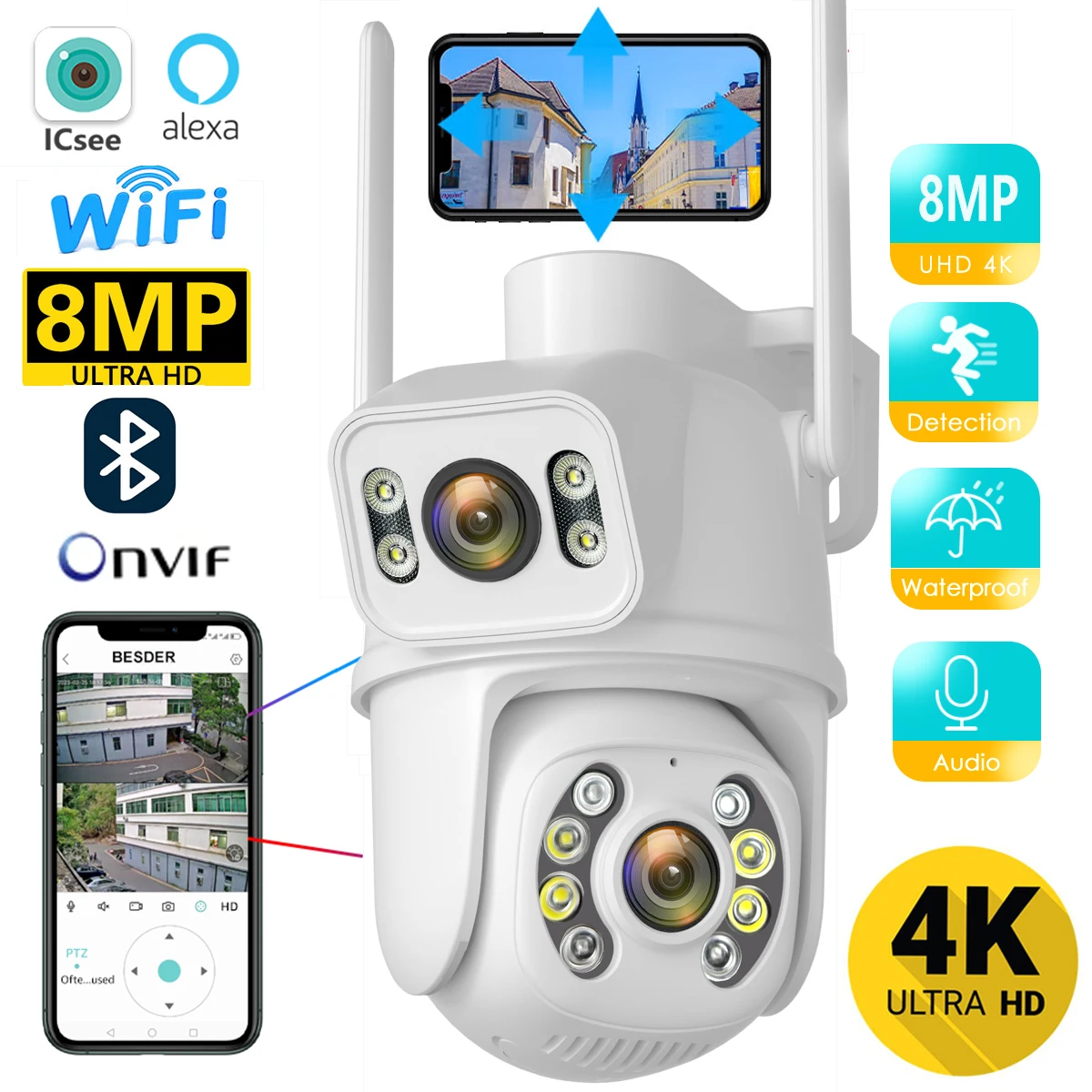 

BESDER 4K Wifi Surveillance Camera Dual-Lens Human Detect CCTV Camera Night Vision 8MP Wireless Outdoor Security IP Camera ICsee
