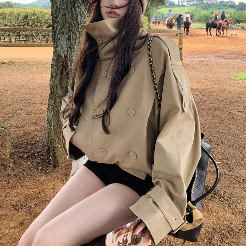 

Двубортный воротник-стойка в британском стиле, модная короткая ветровка, однотонная свободная осенняя женская одежда