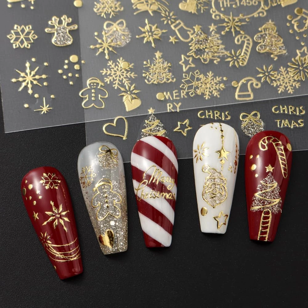 สติกเกอร์ติดเล็บลายคริสต์มาส 3 มิติ สีทอง 2 ชิ้น ลายเกล็ดหิมะระยิบระยับ ต้นคริสต์มาส ลูกโลกหิมะ เกล็ดหิมะ สติกเกอร์เล็บลายคริสต์มาส