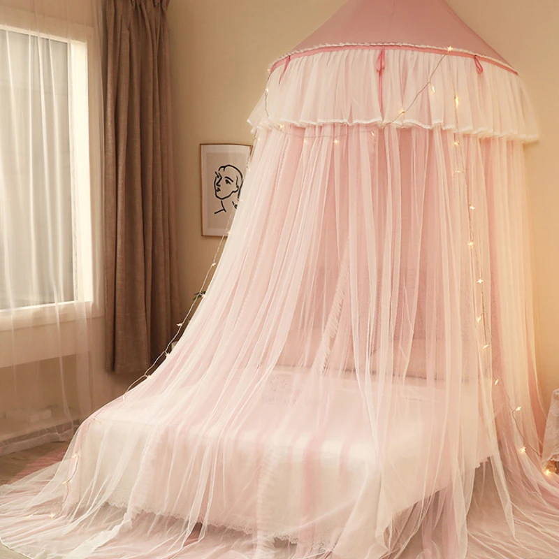 

Princess Style Mosquito Net Hanging Round Top Bedroom Kids Bed Mosquito Net Style Double Layer Gauze Honeycomb Hexagon