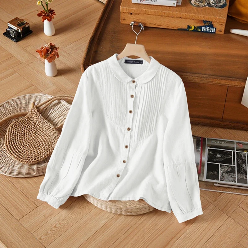 

2025 ZANZEA Spring Shirt Women Lapel Neck Long Lantern Sleeve Tops Elegant Office Work Blouse Casual Solid Buttons Blusas Mujer