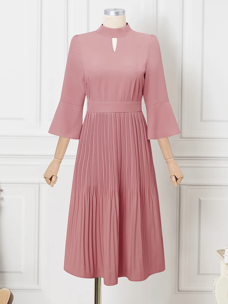 Zanzea elegante escritório senhora vestido feminino gola oco midi vestidos de festa 2025 moda 3/4 manga alargamento plissado robe