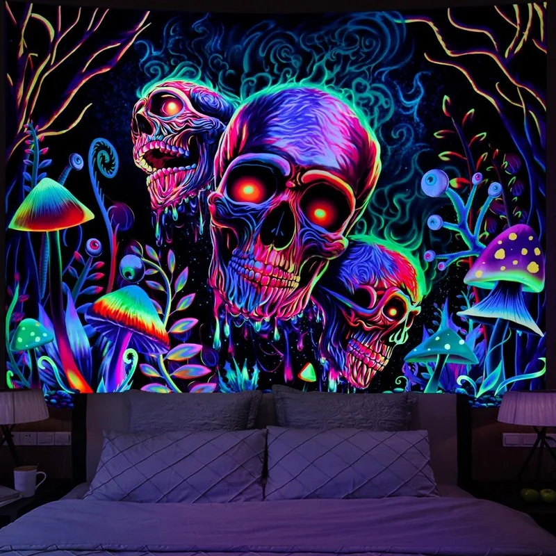 

Blacklight Reactive Mushroom Skull Tapestry UV Neon Psychedelic Wall Hanging Peach Skin 2D Print Aesthetic Bedroom Home Decor