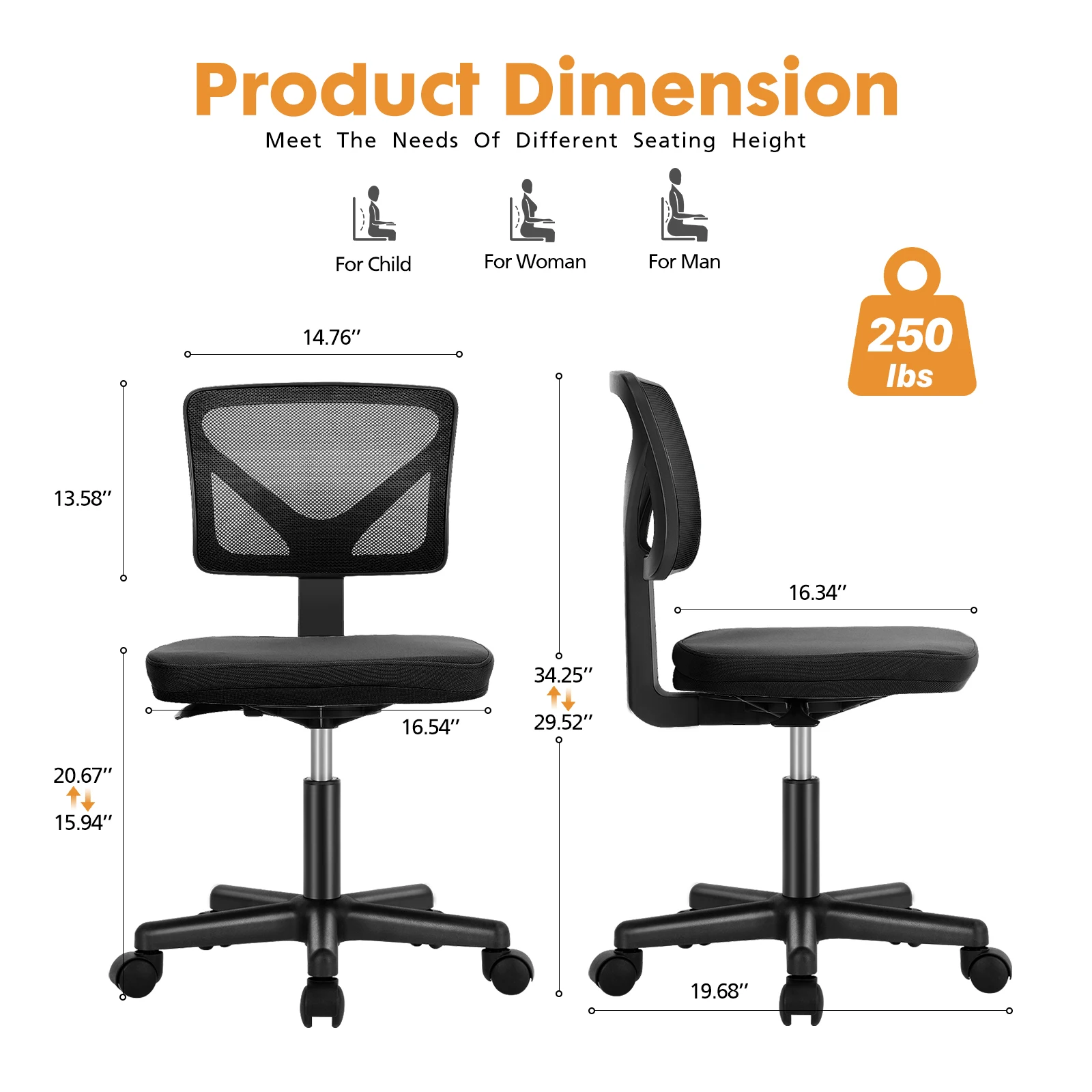 JHK Mesh with Lumbar Support Armless Office Chair Low Back with Wheels Adjustable Height 360° Rolling