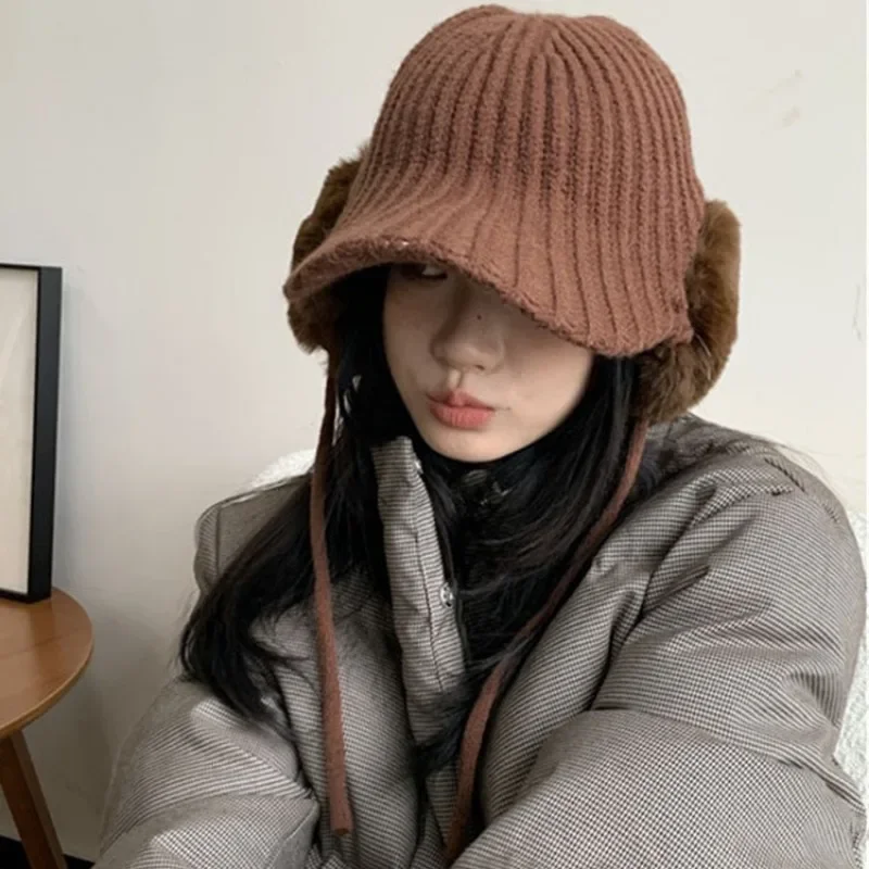 INS Outdoor Riding Ear Bomber Beasball Lace Up Hats for Women Autumn Winter Thickened Knitted Men's Flying Visor Caps Casquettes