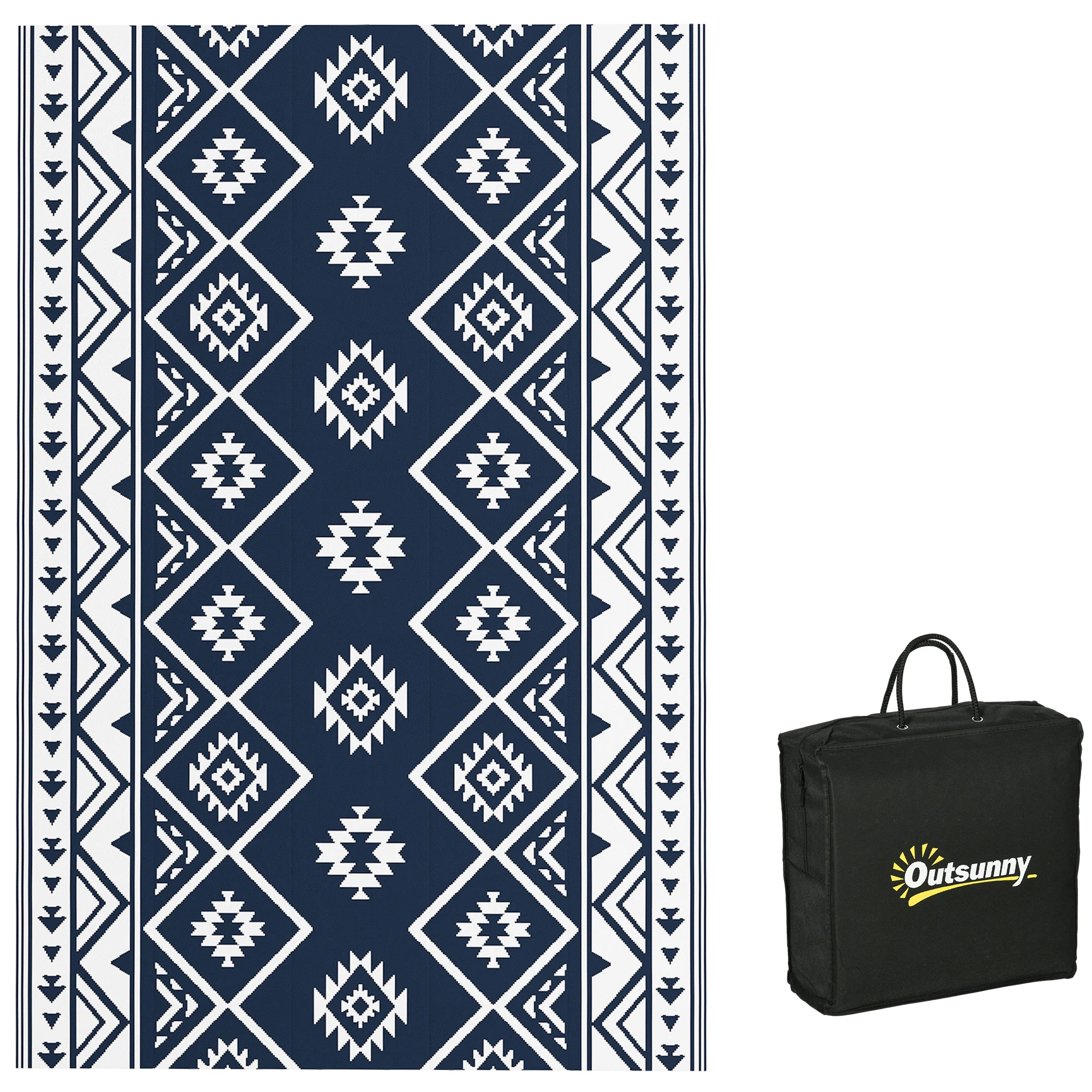 Plastic Straw Reversible RV Outdoor Rug with Carry Bag, 182 x 274cm, Dark Blue and White