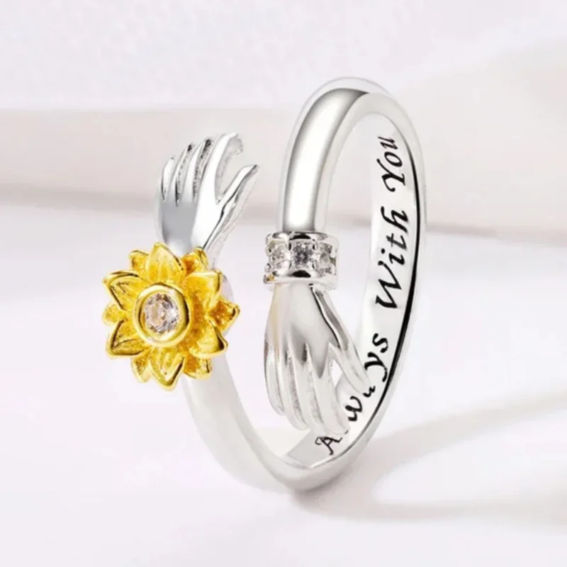 Huitan Öffnungsringe mit exquisiten Händen und Blumen-Design, exquisite Liebe „Always with You“, Accessoires, schicker, süßer Party-Schmuck, heiß