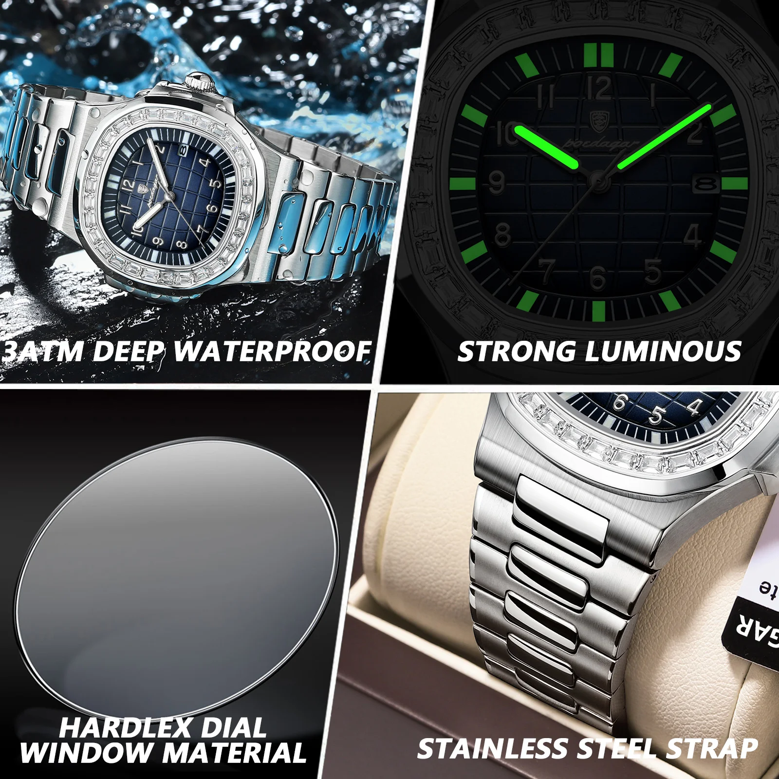 POEDAGAR Fashion Square Watch for Men Date Stainless Steel Quartz Man Wristwatches High Quality Waterproof Luminous Men's Watch