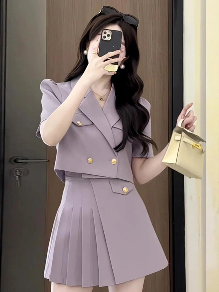 Korean Fashion 2 Piece Outfit Women Short Cropped Tops Coat Blazer Suit Jacket High Waist Mini Skirt Sets Work Style Clothing