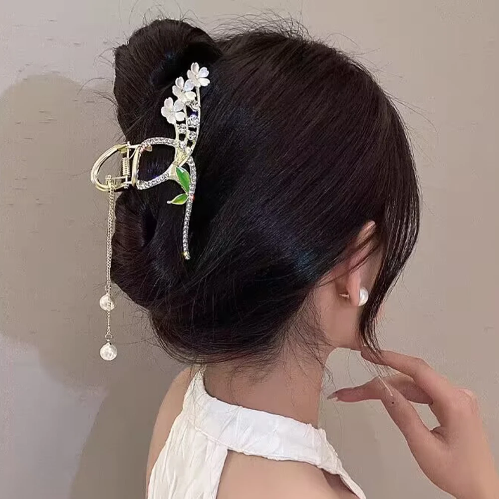 Haimeikang Rhinestone Tassel Hair Claw Golden Bow Flower Hair Clip Hairpin For Women Elegant Ponytail Fashion Hair Accessories