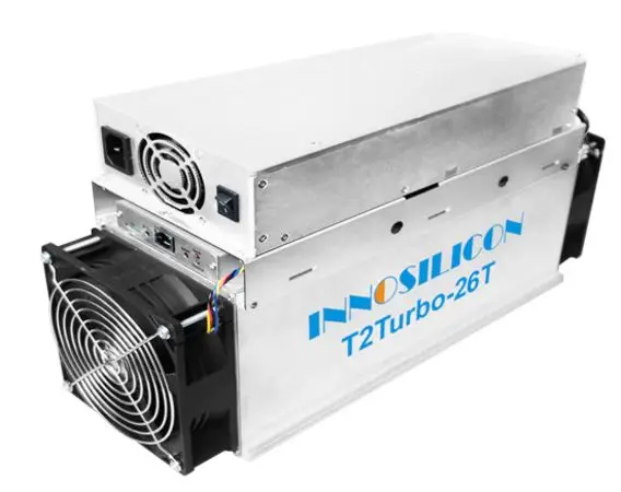 Innosilicon T2 Turbo 26T mining SHA-256 algorithm with a maximum hashrate of 26Th/s for a power consumption of 2100W