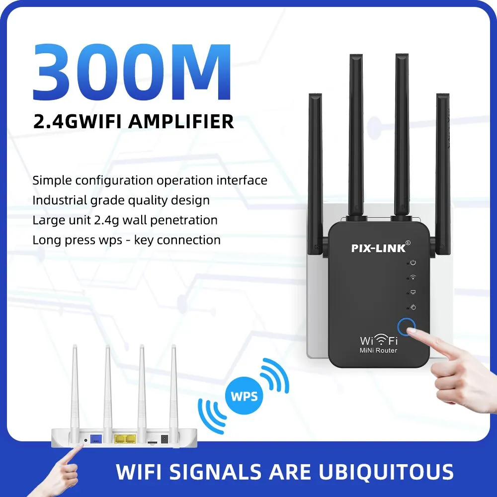 PIX-LINK WR16Q Wifi Repeater 300Mbps Wifi Wireless Internet Long Range Extender Signal Booster for Home With AP Mode Ethernet