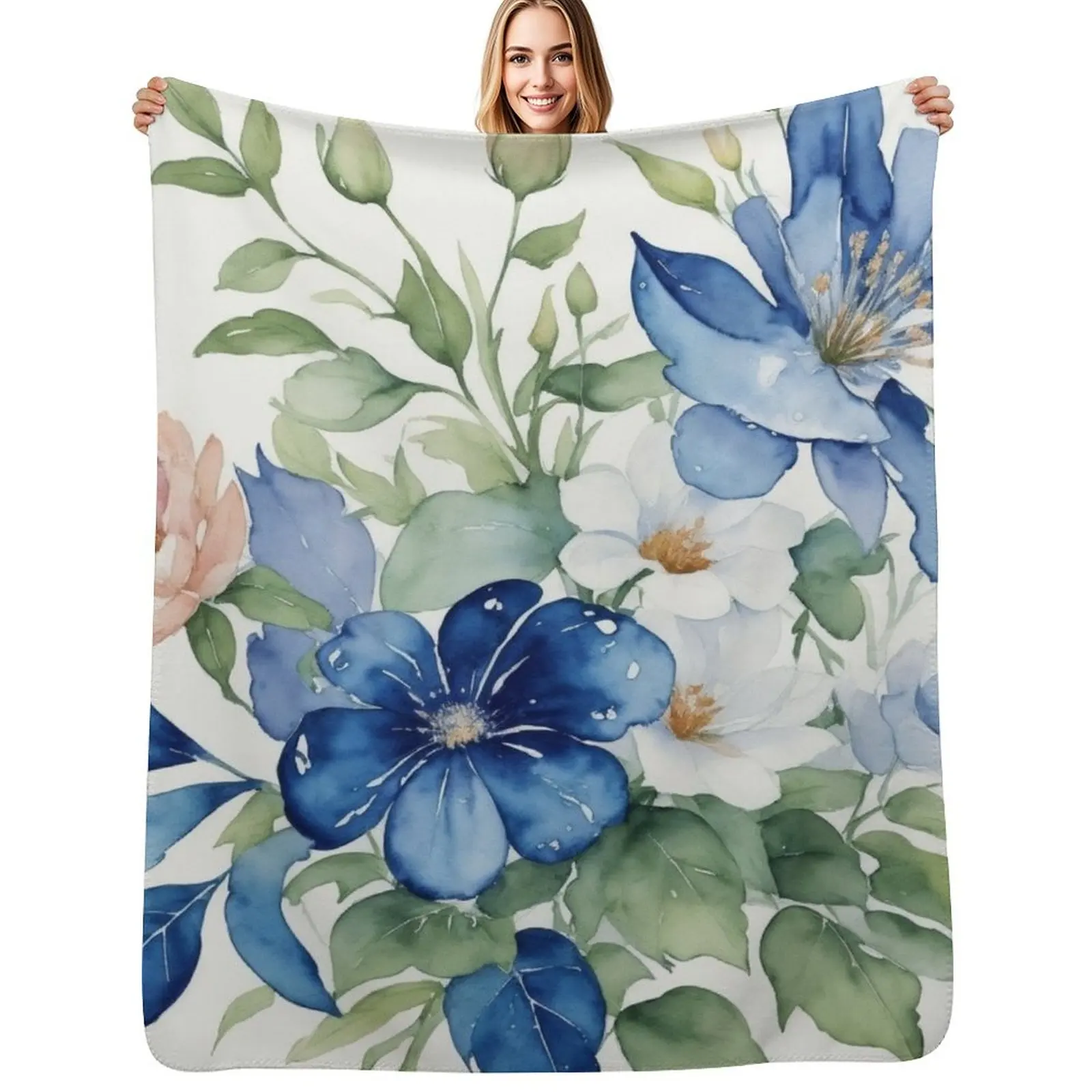 

Watercolor Blue and Green Pastel Floral Pattern Throw Blanket Summer Beddings Designers blankets ands Vintage Blankets