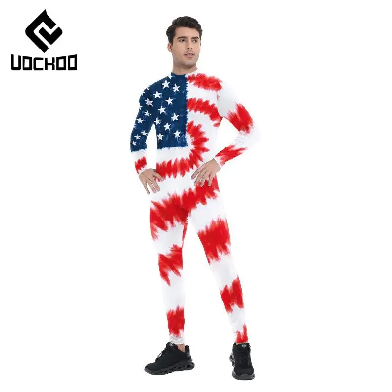 Independence Day Costume US Flag Print Jumpsuit Adult Red Blue Bodysuit Star Graphic Outfit Holiday Cosplay Zentai Suit Clothes