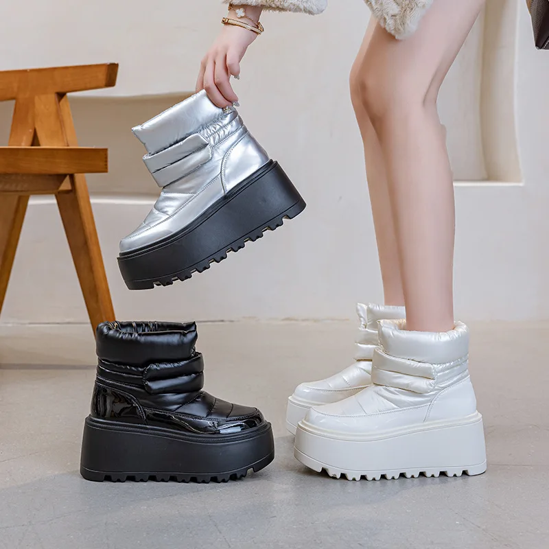 

European Style Women's Snow Boots 2024 Winter New Arrival Thick Sole 8CM Increased Height Mid Calf Waterproof Non-slip Cotton Sh
