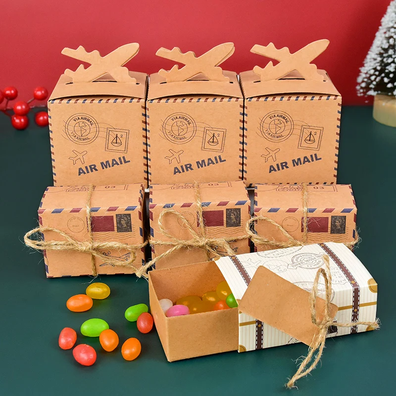 10p Mini Suitcase Candy Boxes with Rope Travel Theme Stamp Decor Kraft Paper Drawable Box Wedding Birthday Gift Packaging Supply