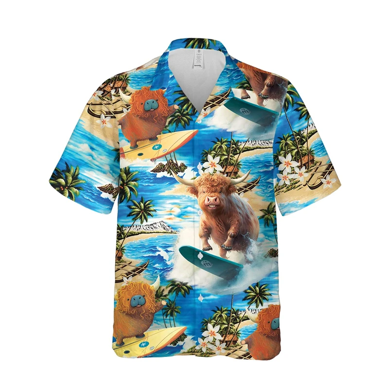 Cute Cow Surfing Graphic Shirts For Men Clothes Casual Hawaii Women Beach Shirt Hip Hop Surf Sport Lapel Blouse Vacation Tops