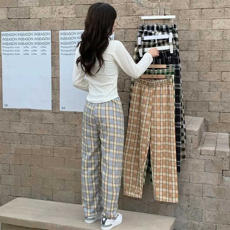 Damen-Hose mit weitem Bein, kariert, mit Fleece gefüttert, hohe Taille, lockere Passform, für den Winter, warm, verdickt, lässige Lounge-Hose für den täglichen Gebrauch – Detail 12