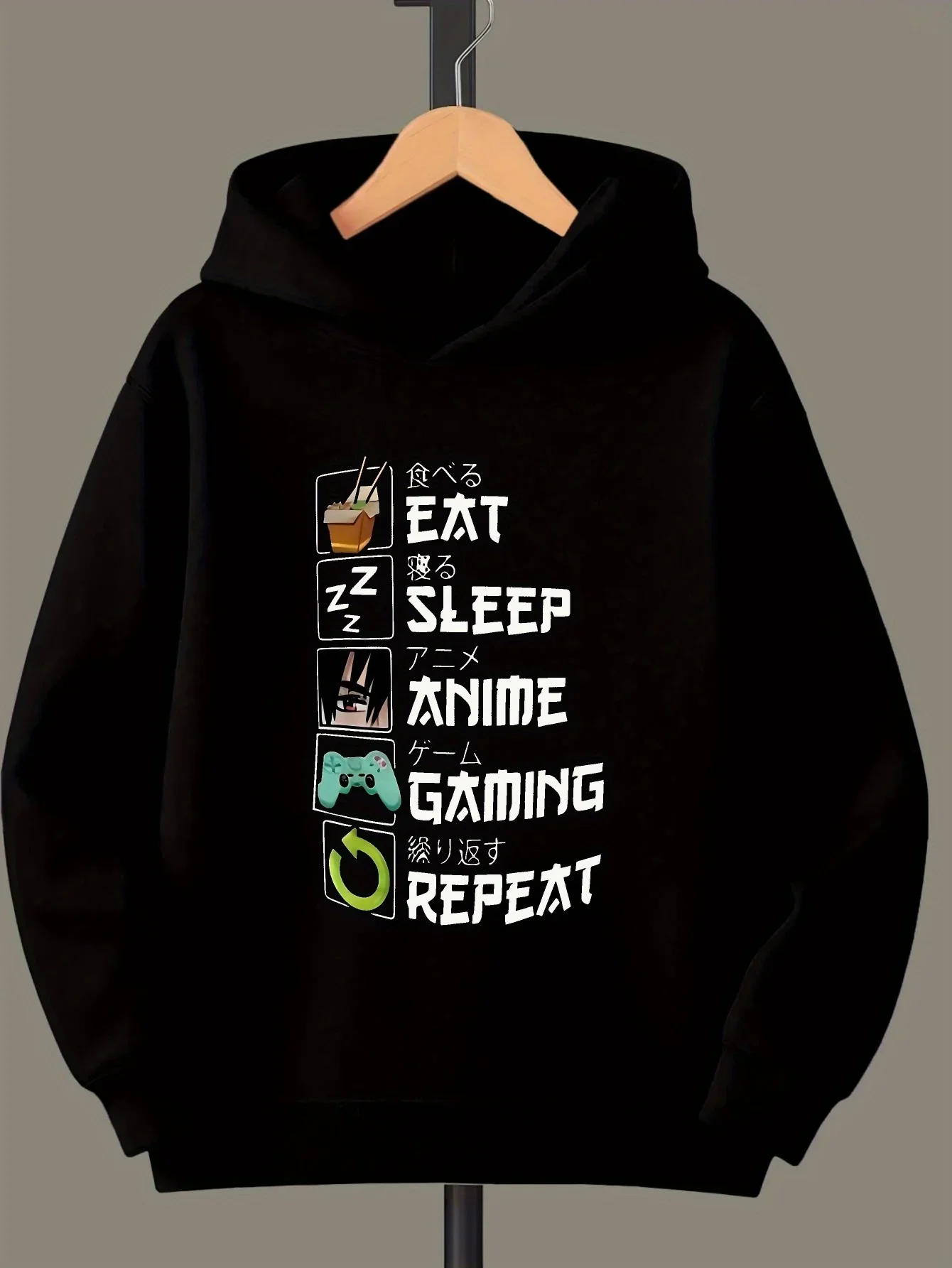 Kids Boys Girls Eat Sleep Anime Gaming Graphic Hoodie Black Printed Gamer Sweatshirt School Clothes Birthday Present Xmas Top